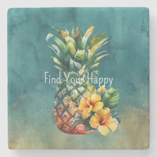 Posavasos De Piedra Flores tropicales de piña de oro verde azulada Hib