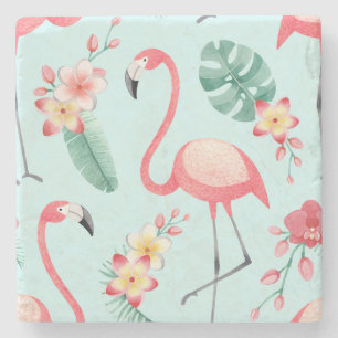 Posavasos De Piedra Flores tropicales Flamingos Patrón de acuarela