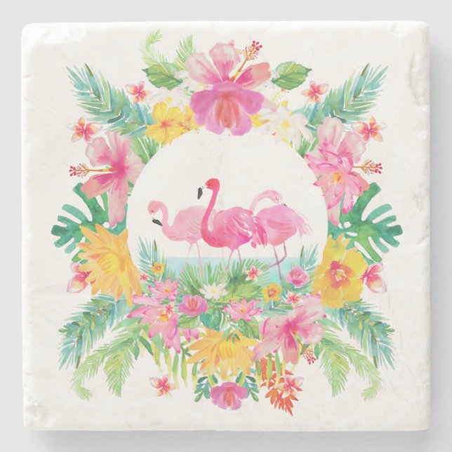 Posavasos De Piedra Flores tropicales y flamencos rosados (Anverso)