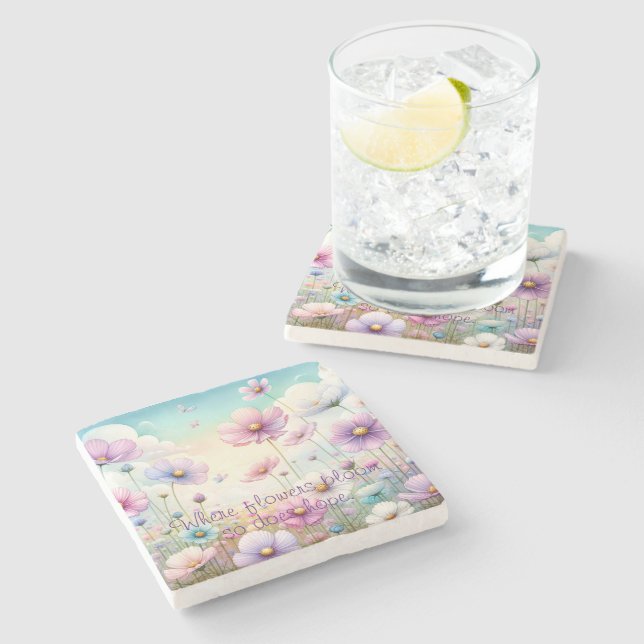 Posavasos De Piedra Flores y comillas Cosmos (Lateral)