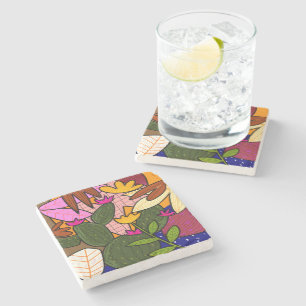 Posavasos De Piedra Flores y hojas tropicales abstractas