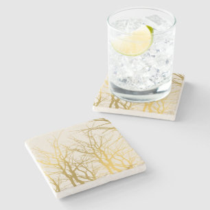 Posavasos De Piedra Fondo Beige del patrón de ramas de árbol de oro 