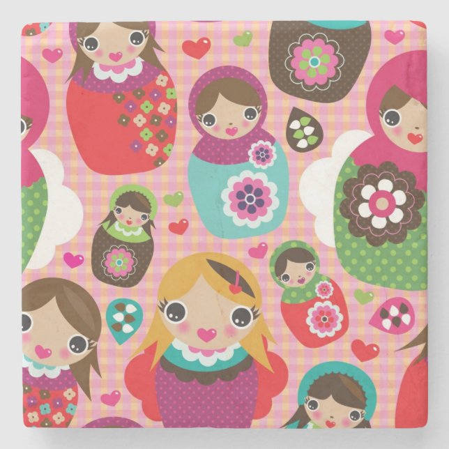 Posavasos De Piedra Fondo ruso del ilustracion de la muñeca (Anverso)