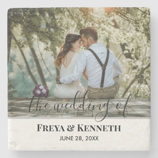 Posavasos De Piedra Foto Boda personalizada con caligrafía moderna (Anverso)