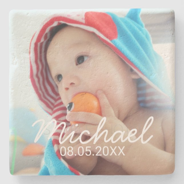 Posavasos De Piedra Foto del personalizado con nombre y fecha (Anverso)