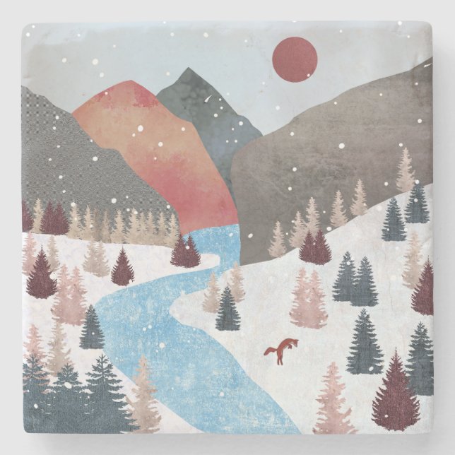 Posavasos De Piedra Fox de la caza de invierno (Anverso)