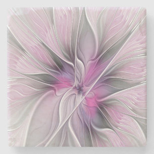 Posavasos De Piedra Fractal floral moderno abstracto flor rosa gris