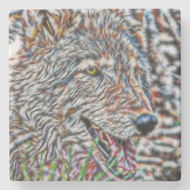 Posavasos De Piedra Fractal Wolf (Anverso)