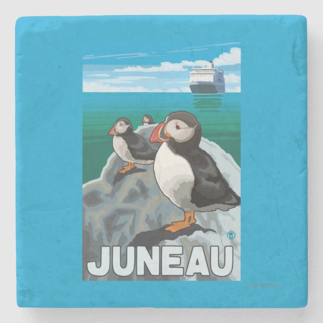 Posavasos De Piedra Frailecillos y barco de cruceros - Juneau, Alaska (Anverso)