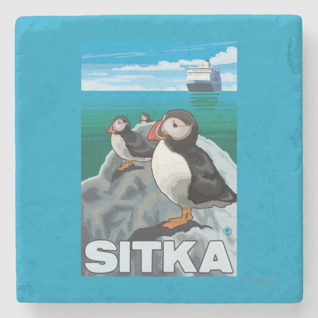 Posavasos De Piedra Frailecillos y barco de cruceros - Sitka, Alaska (Anverso)