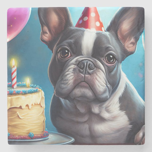 Posavasos De Piedra Frenchie Birthday Bash: Un lindo Bulldog francés (Anverso)