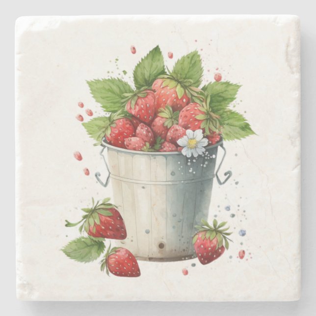 Posavasos De Piedra Fresas frescas recolectadas en un cubo (Anverso)