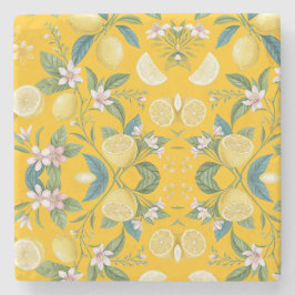 Posavasos De Piedra Fresh Lemon Floral Botanical Pattern 