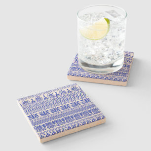 Posavasos De Piedra Fret griego, patrón mediterráneo, azul