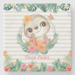 Posavasos De Piedra Fronteras tropicales Hibiscus Flowers Sloth Person