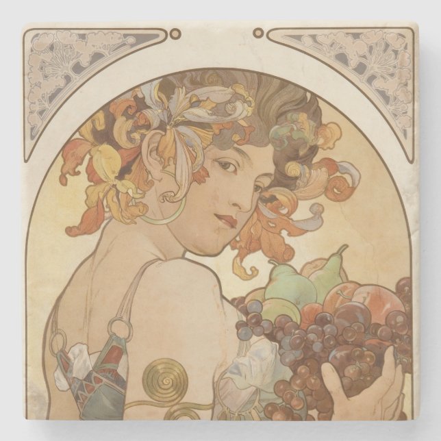 Posavasos De Piedra Fruta (Art Nouveau) (retrato femenino) (frutas) (Anverso)
