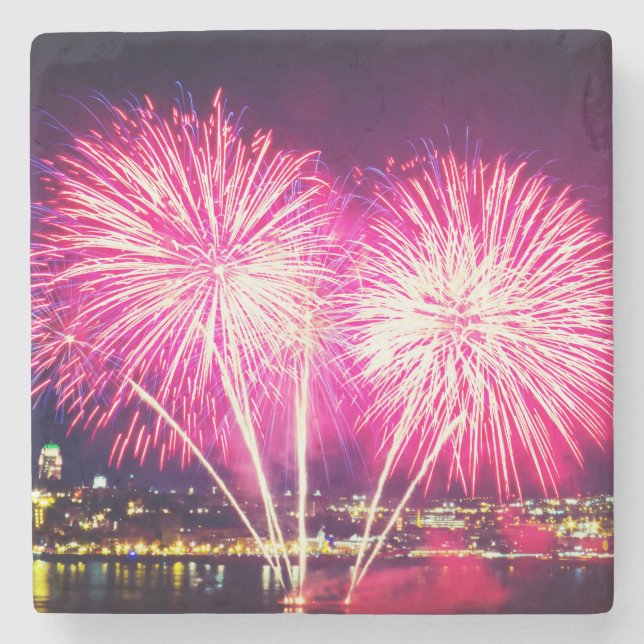 Posavasos De Piedra Fuegos artificiales rosados (Anverso)