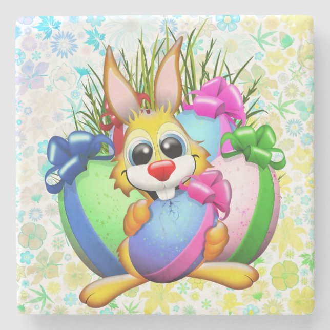 Posavasos De Piedra Funny Bunny biting an Easter Egg (Anverso)