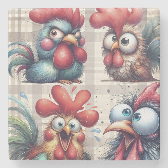 Posavasos De Piedra Funny Chickens and Roosters (Anverso)