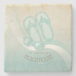 Posavasos De Piedra Gafas de sol de Beach House y Flip Flops Aqua ID62