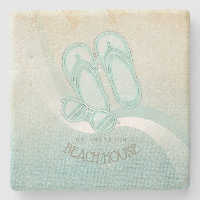 Posavasos De Piedra Gafas de sol de Beach House y Flip Flops Aqua ID62 (Anverso)