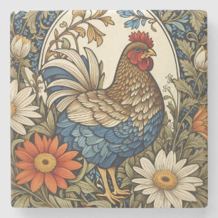 Posavasos De Piedra Gallo de granja vintage y flores de margarita