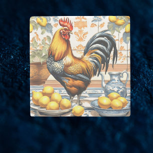 Posavasos De Piedra Gallo y Limones Estilo Azulejo Azul Naranja Crema