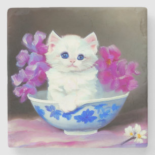 Posavasos De Piedra Gatito blanco vintage con flores rosas