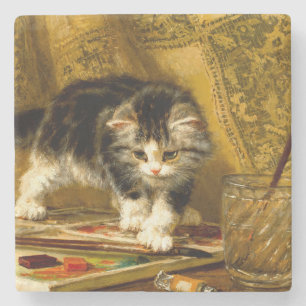 Posavasos De Piedra Gatito con pintura y brochas