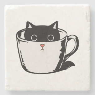 Posavasos De Piedra Gatito negro con nariz roja escondido en una taza