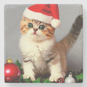 Posavasos De Piedra Gatito vintage de Navidad en Santa Hat