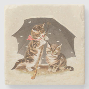 Posavasos De Piedra Gatitos antiguos bajo paraguas arte de gato antigu