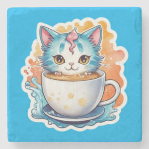 Posavasos De Piedra Gato Adorable Con Taza De Café Diseño De Dibujos A