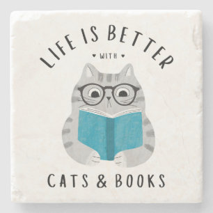 Posavasos De Piedra Gato Amante de Libros Lindo Leyendo Libro