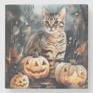 Posavasos De Piedra Gato Bengal de Halloween con calabazas espeluznant