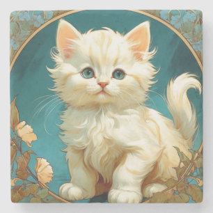 Posavasos De Piedra Gato blanco Alphonse Mucha Art Nouveau