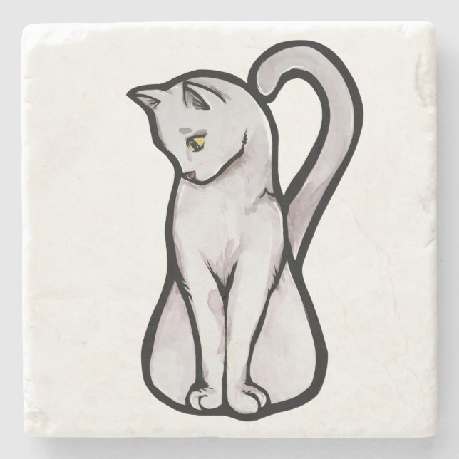 Posavasos De Piedra Gato blanco lindo (Anverso)