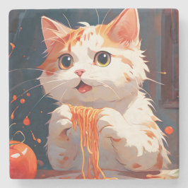 Posavasos De Piedra Gato comiendo espagueti