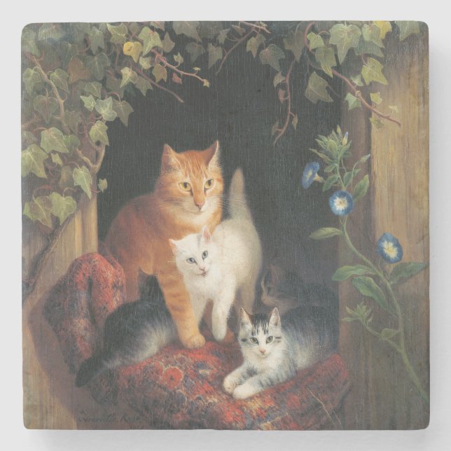 Posavasos De Piedra Gato con gatitos (Arte Animal) (Anverso)
