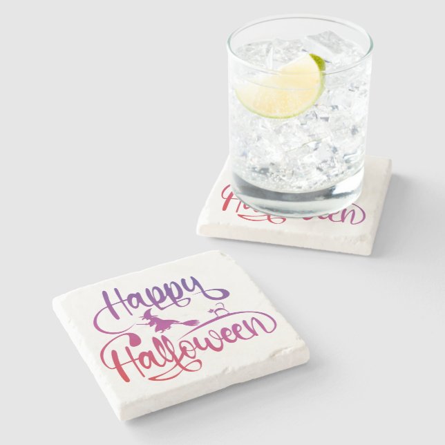 Posavasos De Piedra Gato de bruja voladora feliz gradiente de Hallowee (Lateral)