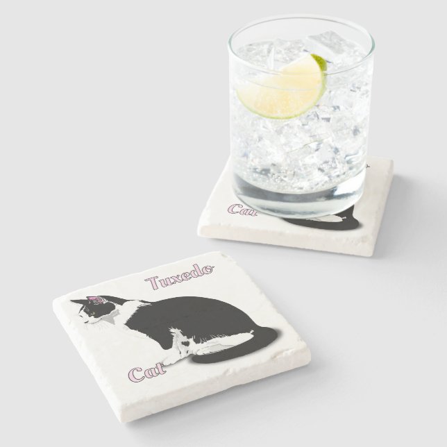 Posavasos De Piedra Gato de esmoquín negro y blanco personalizado (Lateral)