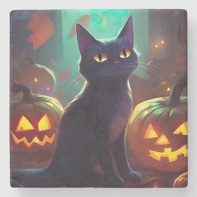 Posavasos De Piedra Gato de Halloween Tuxedo con calabazas aterradoras (Anverso)