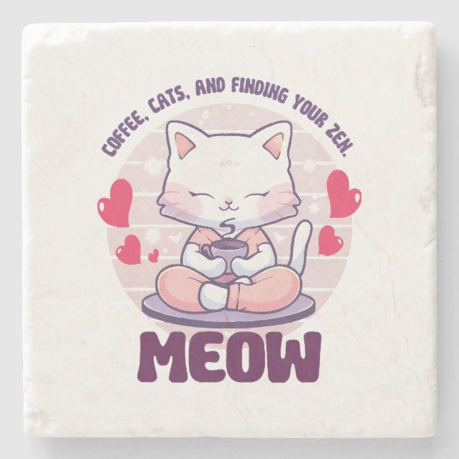 Posavasos De Piedra Gato de meditación - Gato Kawaii (Anverso)