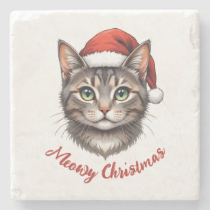 Posavasos De Piedra Gato de Navidad Lindo Personalizado con Sombrero d