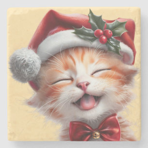 Posavasos De Piedra Gato de Navidades cortos con Santa Hat y Bow Tie