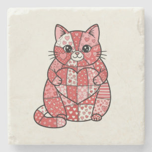 Posavasos De Piedra Gato de Parche Kitten Caprichoso Sosteniendo Coraz