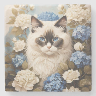 Posavasos De Piedra Gato De Ragdoll Con Flores De Hidrangea Azul