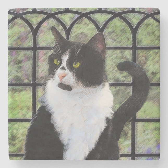 Posavasos De Piedra Gato de Tuxedo en la ventana Pintura de arte anima (Anverso)