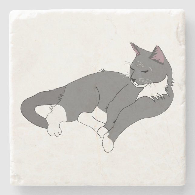 Posavasos De Piedra Gato de Tuxedo Gris y Blanco (Anverso)