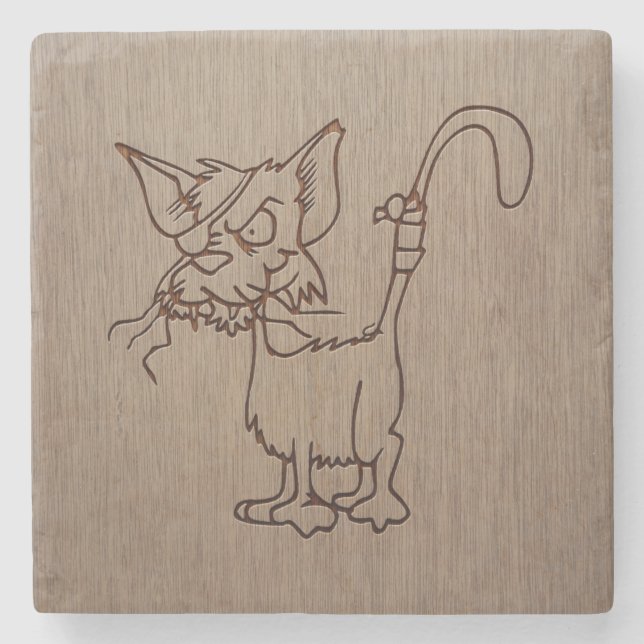 Posavasos De Piedra Gato del pirata grabado en el diseño de madera (Anverso)